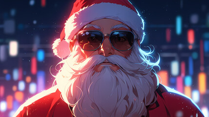 Wall Mural - Badass Santa Claus with sunglasses. Season's greetings with neon lights and copy space. Anime Santa Claus style. Cool rock n roll Santa Claus as a funny Christmas illustration