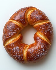 Wall Mural - A single soft pretzel with coarse salt on its glossy brown surface, isolated on white background 