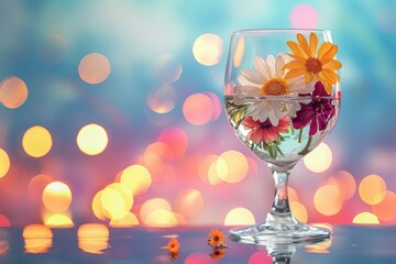 spring flowers in wineglass on light background