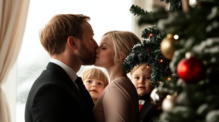 A heartwarming moment of a couple sharing a kiss, framed by a festive Christmas tree and their adorable children in the background.