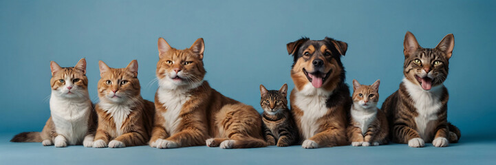 Dog and cat portrait on blue background isolated. Pets and companions. Commercial banner for advertising cat and dod food. Pets looking at the camera on blue background. Wallpaper. Copy space