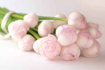 Poster - A charming arrangement of gentle pink tulips rests elegantly against a pristine white backdrop, showcasing their beauty and versatility for various artistic purposes