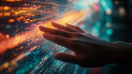 A hand reaches out to touch a glowing digital screen filled with abstract data, representing the interaction between humans and technology.