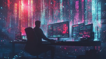 futuristic workspace with sparkling particles floating out of glowing screen, digital art style, illustration painting 