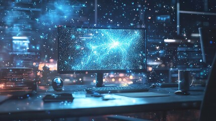 futuristic workspace with sparkling particles floating out of glowing screen, digital art style, illustration painting 