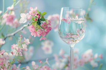 spring flowers in wineglass on light background