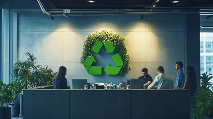 A group of people stand in an office lobby with a large green recycle symbol made of plants on the wall behind them.