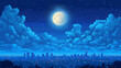 © ceng - Pixelated night cityscape with a full moon and starry sky.