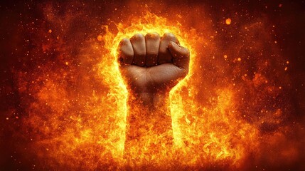 Wall Mural - bright clouds of swirling smoke envelop a raised fist, symbolizing unity, power, and strength in a v