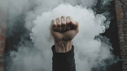 Wall Mural - bright clouds of swirling smoke envelop a raised fist, symbolizing unity, power, and strength in a v