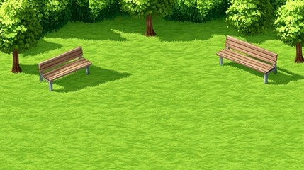 Two benches on a green lawn surrounded by trees in a peaceful park setting.