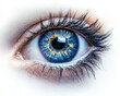 © Teerasak - A bright blue eye with soft reflection in the iris and sharp definition in the lashes, isolated on white background
