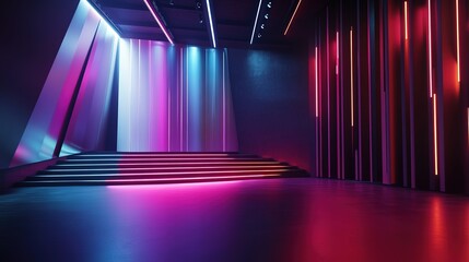 A sleek, high-quality image of a modern stage with dynamic lighting and a futuristic, metallic curtain half-closed. The set design is ultra-modern