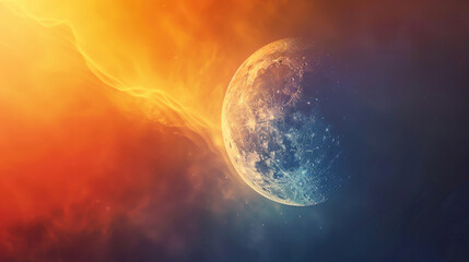 Wall Mural - Stunning Cosmic Scene with Half Moon Against Vibrant Orange and Blue Nebula Background in Outer Space