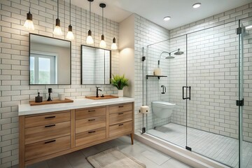 Wall Mural - Modern primary bathroom with white subway wall tile, floating single vanity, frameless glass enclosed shower, wall mount faucets