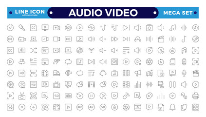 Wall Mural - Audio and video web icons set in Outline design. Pack of camera movie, voice, radio, music streaming, photography, headphones, cinema, podcast, broadcasting, and others. Editable stroke outline icon.
