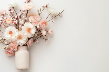 Wall Mural - A delicate bouquet of soft pink flowers with green accents is artfully arranged in a minimalist vase, creating a serene atmosphere ideal for various design uses