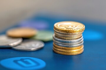 Close-Up View of Various Coins on Blue Surface