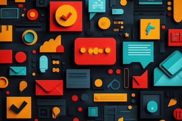 A vibrant and colorful collection of geometric shapes and icons representing communication, technology, and social media.