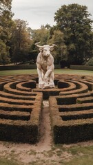 sculpture of a muscular figure with the head of a bull, known as a Minotaur, positioned at the center of a hedge maze. The maze has well-manicured, 