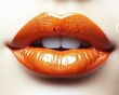 © Teerasak - A close-up of full, glossy orange lips in a relaxed position, isolated on white background