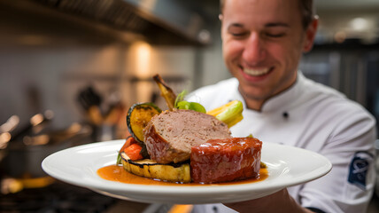 Chef holding a plate of beautifully arranged gourmet food, with a satisfied smile, symbolizing high food expectations and culinary excellence.