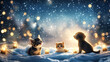 © Diamond Obaom - cozy winter scene featuring adorable kittens and puppy surrounded by soft snow and glowing lights creates heartwarming atmosphere