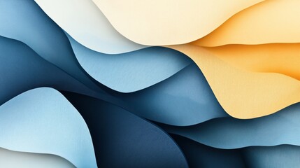 Poster - Abstract composition of overlapping textured paper sheets in shades of blue and yellow, creating a wave-like pattern.