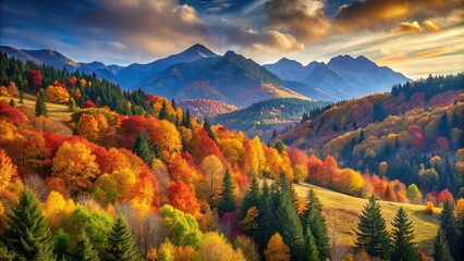 Mountain autumn landscape with colorful forest macro