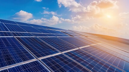Image depicts a solar panel array basking in sunlight under a clear blue sky, showcasing renewable energy technology and its environmental benefits.