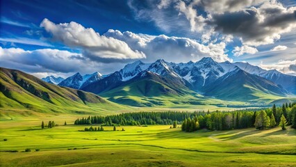 Mountain landscape with green grass and blue sky in Altai mountains