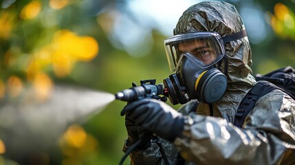 pest control technician clad in a protective suit and mask expertly spraying an area with targeted treatment the focus on safety and precision highlights the importance of pest management