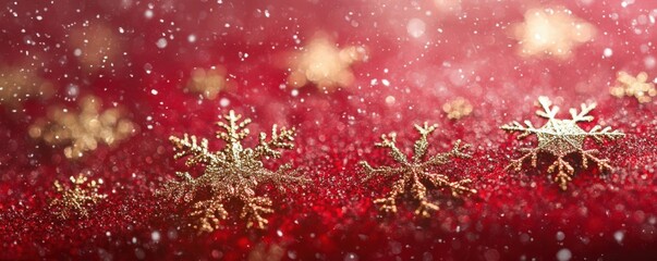 Wall Mural - gold snowflakes gracefully resting on a shimmering red background evoke the enchanting spirit of the