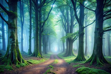 mysterious foggy forest with ancient towering trees and hidden paths