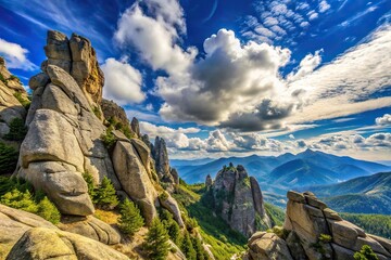 mountain landscape with rocks and blue skies