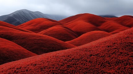 Sticker - Vibrant red hills under a cloudy sky with a contrasting distant gray mountain range creating a surreal and contrasting landscape