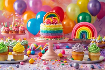 Vibrant rainbow birthday party celebration with colorful desserts