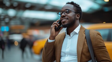 A man is talking on his cell phone while wearing a brown jacket and glasses