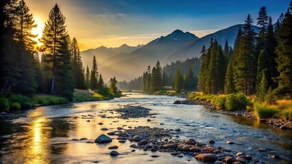 Wall Mural - Mountain river landscape with silhouette of trees and clear stream