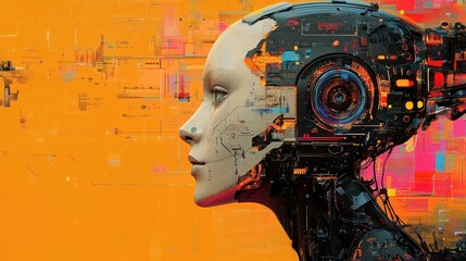 Wall Mural - A digital portrait of a female android with a visible robotic head in profile, set against a colorful, abstract background.