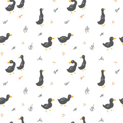 Wall Mural - Cute Cartoon Duck Seamless Pattern, Vector Illustration Background