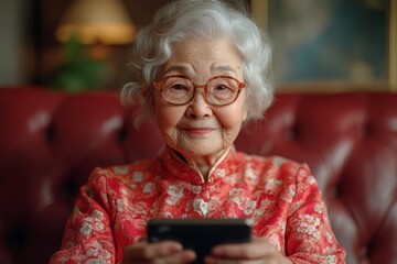 Woman with glasses and a yellow sweater is smiling. She looks happy and content. Concept of warmth and comfort, as the woman is wearing a cozy sweater and is smiling. old asian woman