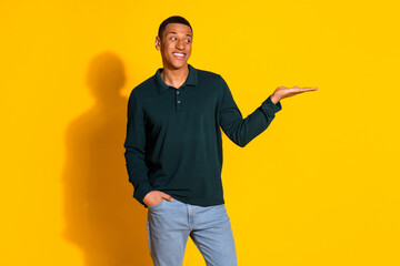 Poster - Portrait of nice young man hold empty space wear pullover isolated on vibrant yellow color background