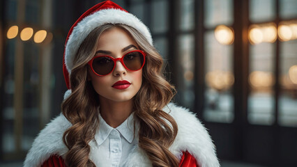 Wall Mural - Portrait of a beautiful woman model in a Santa Claus costume with a red hat and sunglasses. Modern concept of Christmas and New Year celebration
