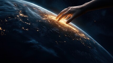 Wall Mural - a hand reaching towards earth illuminated with city lights from space, depicting human interaction w