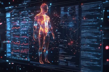 Digital human body scan with glowing lines and data in futuristic background.