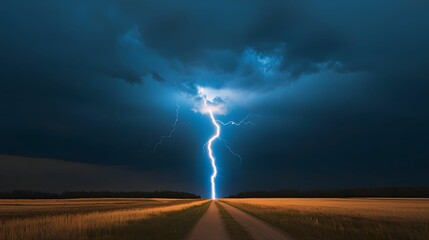 A dramatic bolt of lightning illuminates a dark sky over a serene landscape, highlighting the contrast between nature's power and calm surroundings.