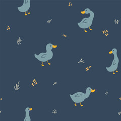 Wall Mural - Cute Cartoon Duck Seamless Pattern, Vector Illustration Background