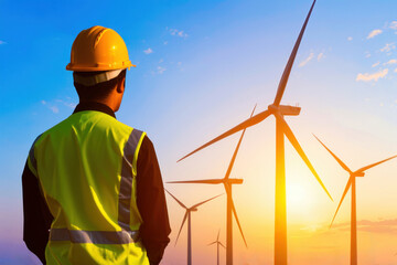 Engineer overlooking wind turbines at sunset for renewable energy production