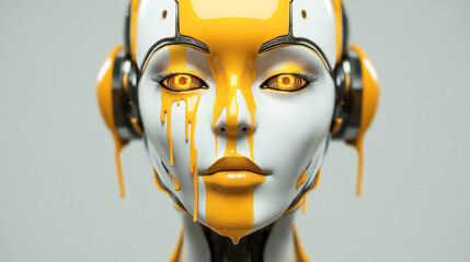 Wall Mural - Conceptual illustration of a humanoid robot face with vibrant yellow and metallic colors, showcasing futuristic and artistic design elements with dripping details.